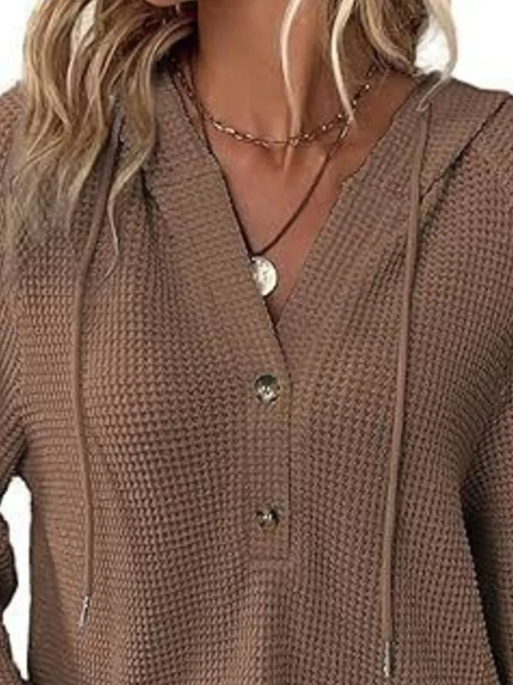 Full Size Button Detail Waffle Knit Hoodie Plus Size, image 9