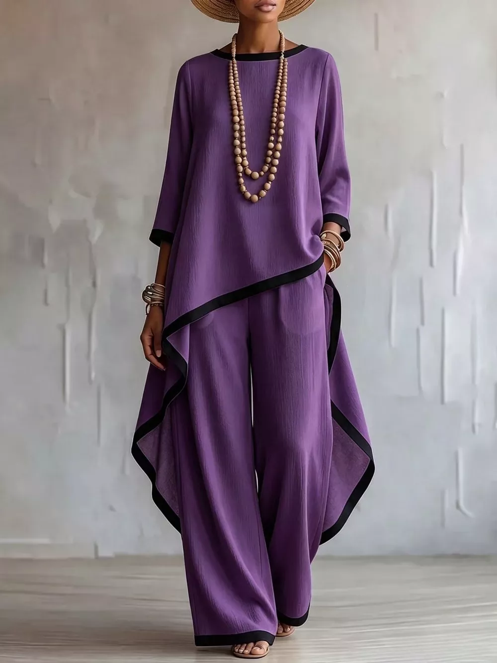 Full Size Contrast Trim High-Low Top and Pants Set Plus Size, image 10