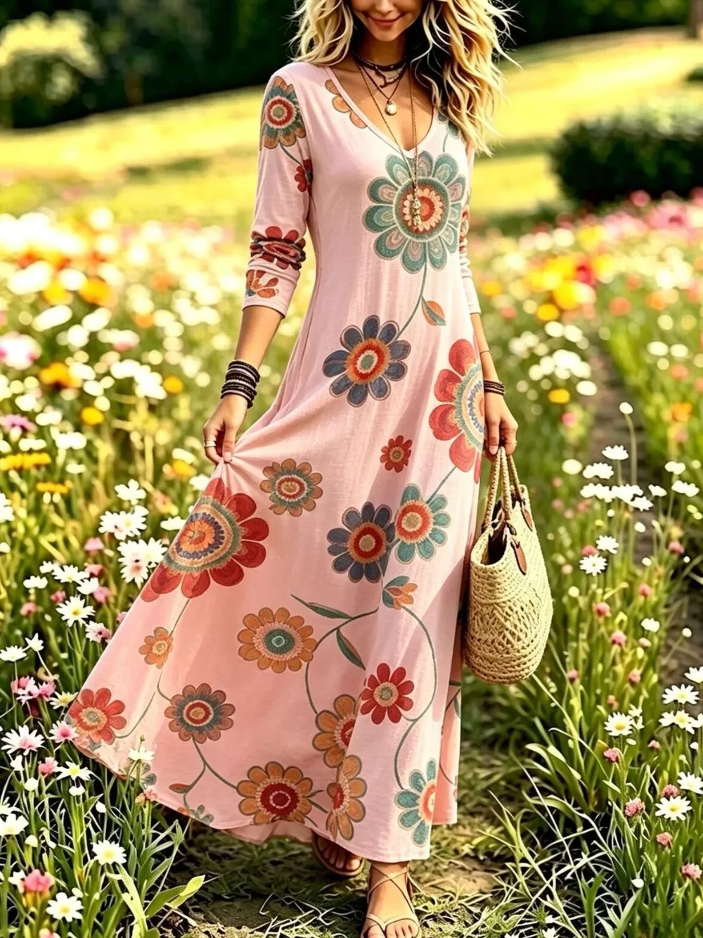 Floral Print V-Neck Long Sleeve Maxi Dress, image 12