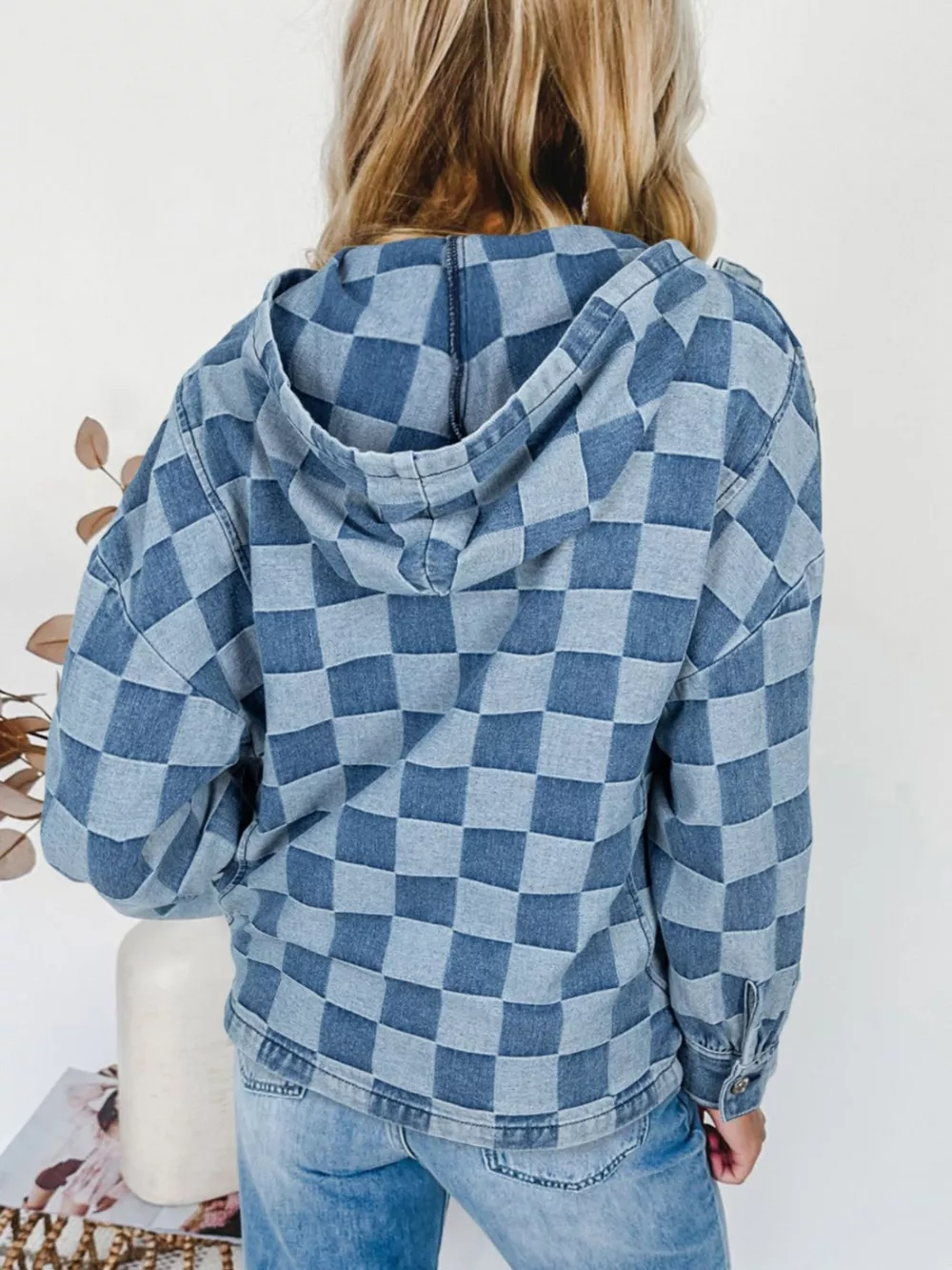 Checkered Half Zip Denim Hoodie Top, image 5