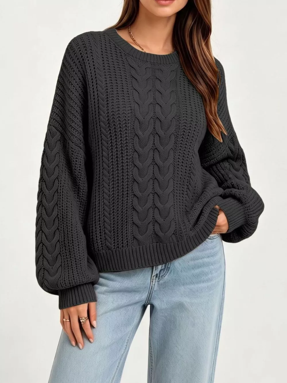 Chunky Cable Knit Round Neck Sweater, image 3