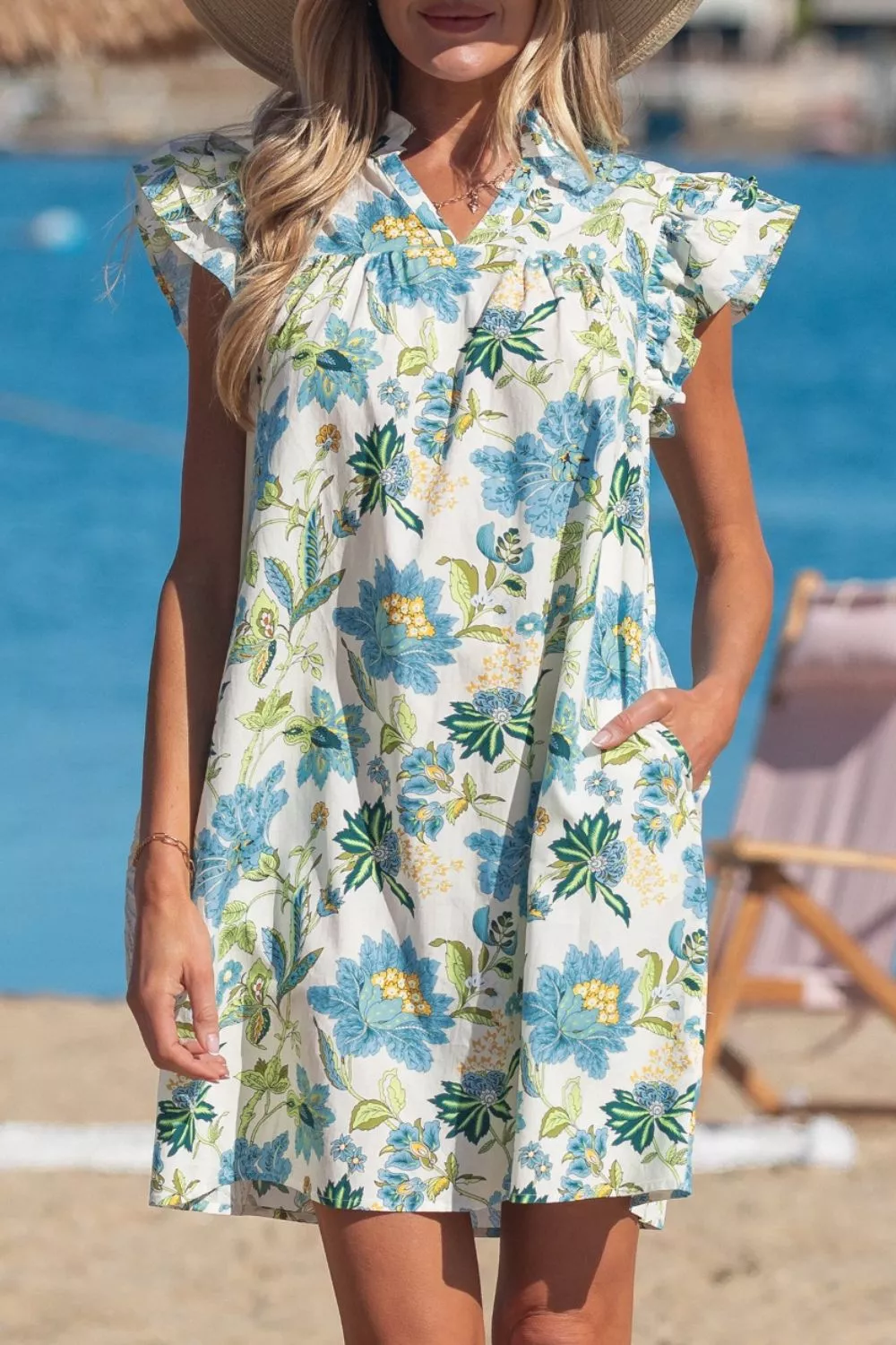 Floral Print V Neck Triple Ruffle Short Sleeve Shift Mini Dress, image 2
