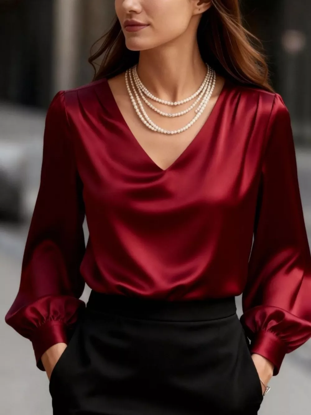 Satin V-Neck Long Sleeve Blouse, image 5