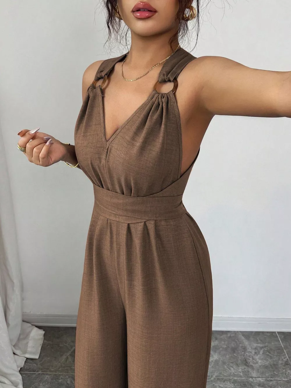 Sleeveless V-Neck Wide-Leg Jumpsuit with O-Ring Detail, image 11