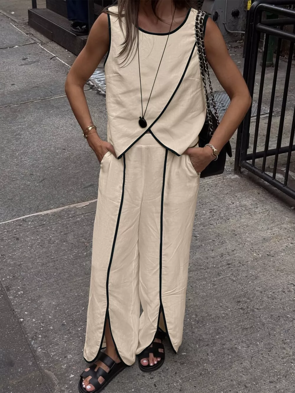 Contrast Trim Top and Wide Leg Pants Set, image 6