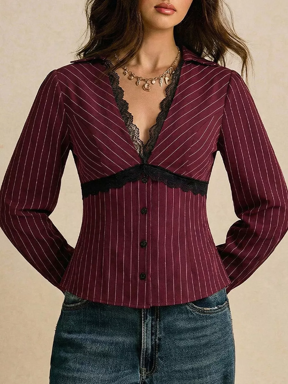 Lace Trim V-Neck Blouse, image 4