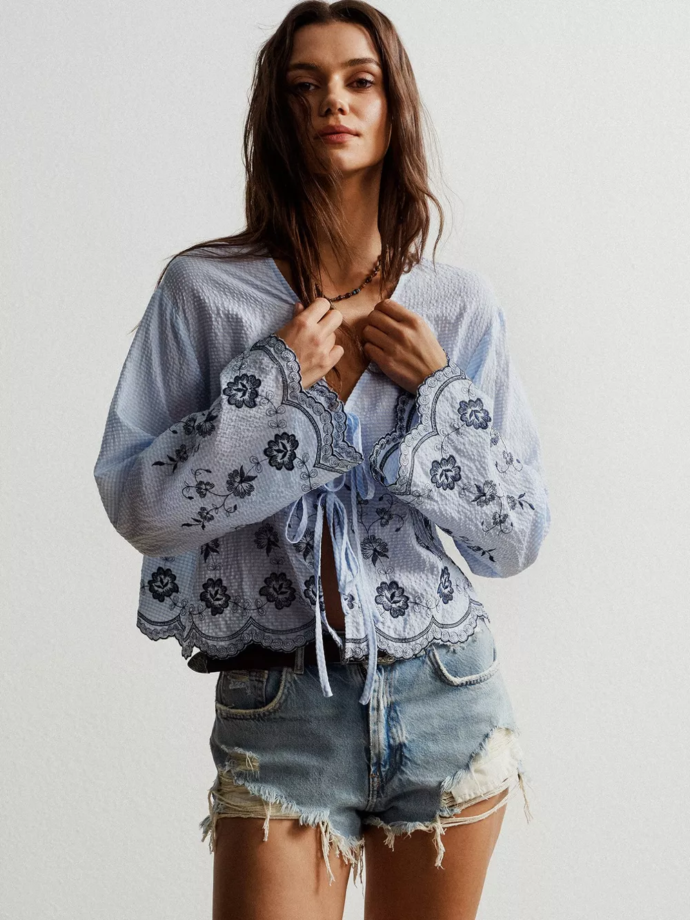 Floral Embroidered Tie-Front Blouse, image 5