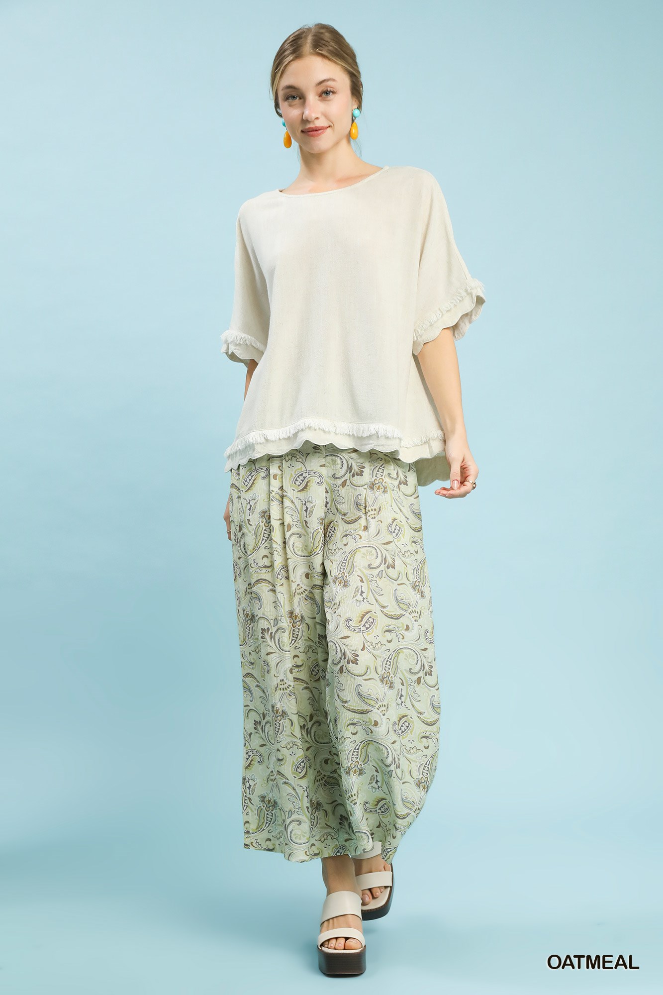Linen Frayed Hem Scallop Edge Top, image 3