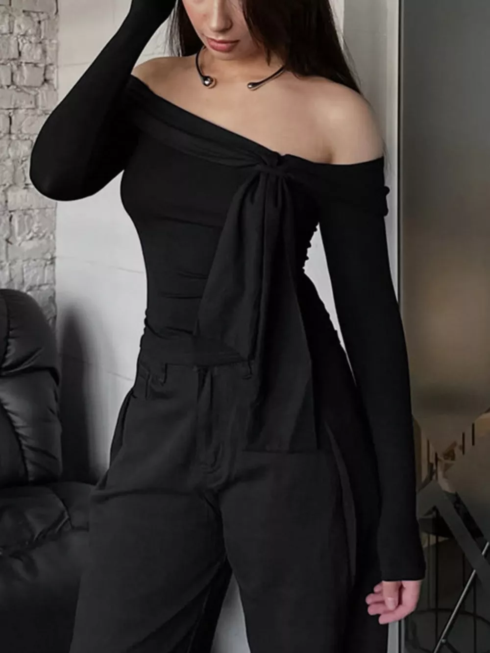 Off-Shoulder Tie-Front Long Sleeve Blouse, image 3