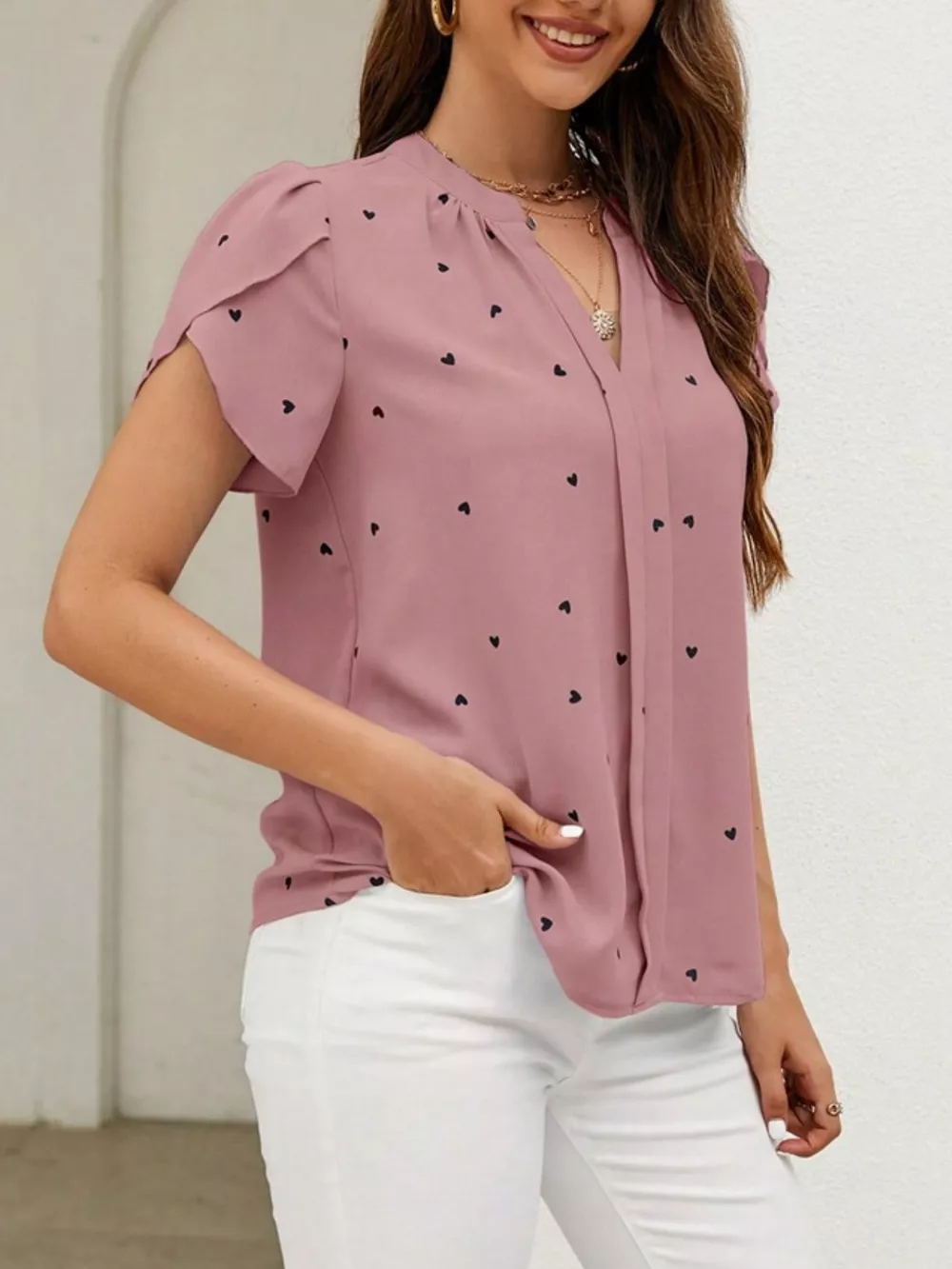 Heart Print Petal Sleeve Blouse, image 13