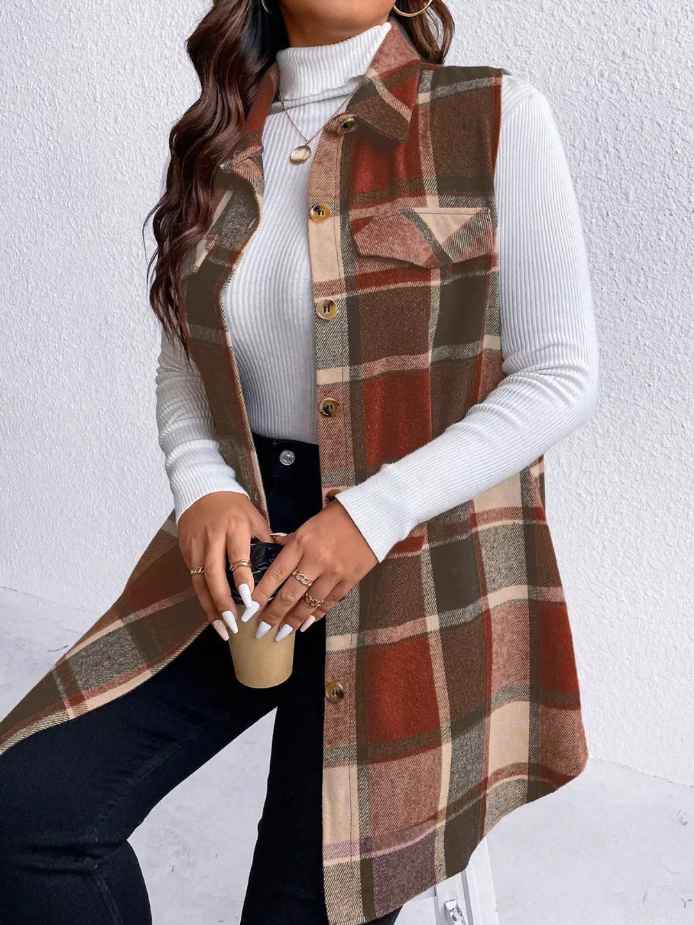 Plus Size Pocketed Plaid Button Up Vest Coat, image 12