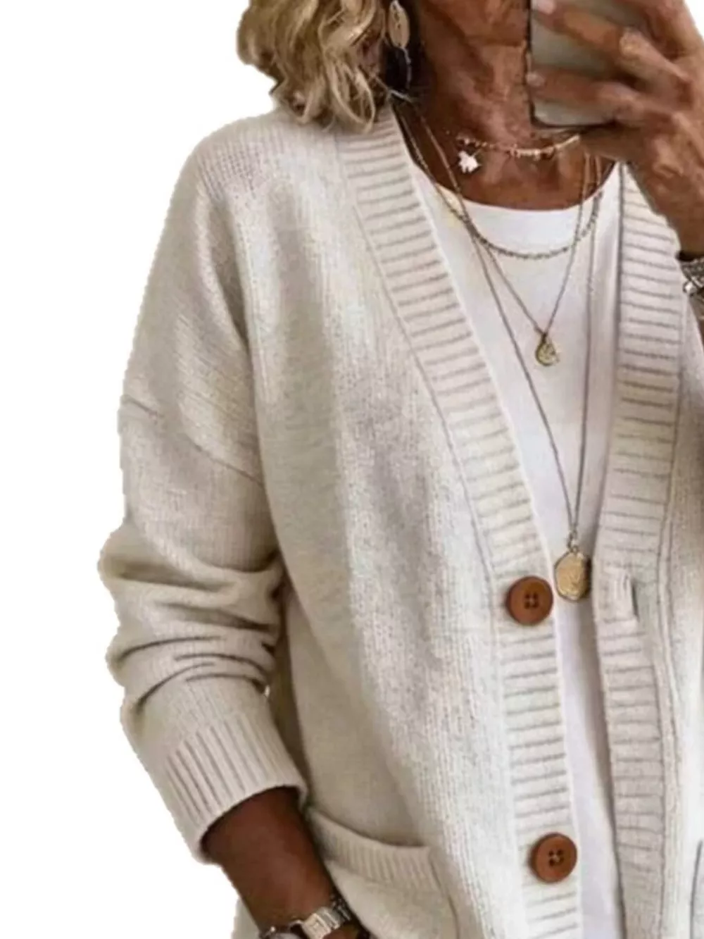 Casual V-Neck Button-Down Knit Cardigan with Pockets, image 4