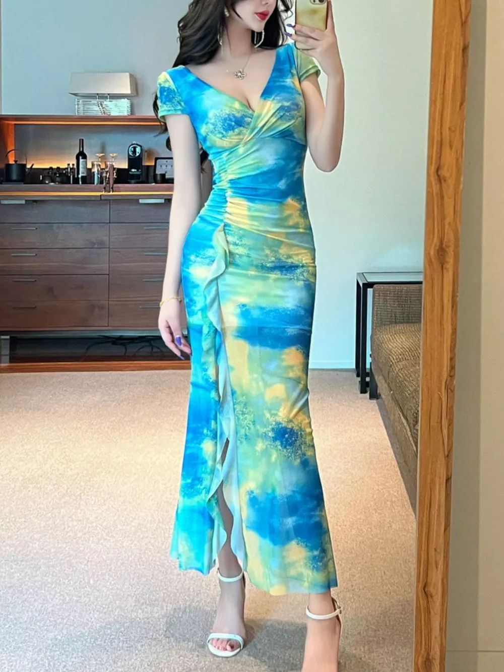 Tie-Dye Surplice Ruffle Slit Dress, image 4