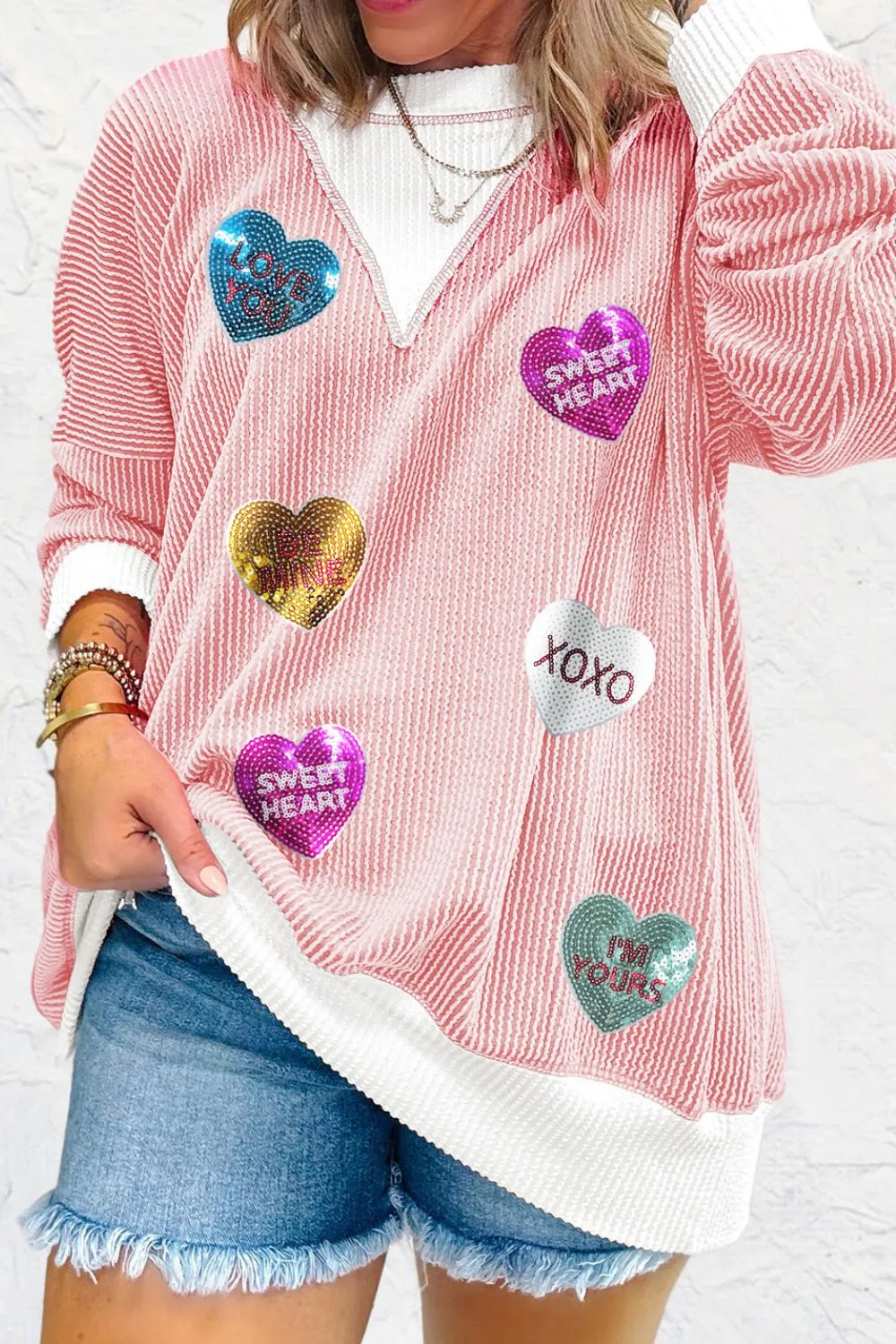 Valentine’s Day Sequin Heart Long Sleeve Sweatshirt, image 2