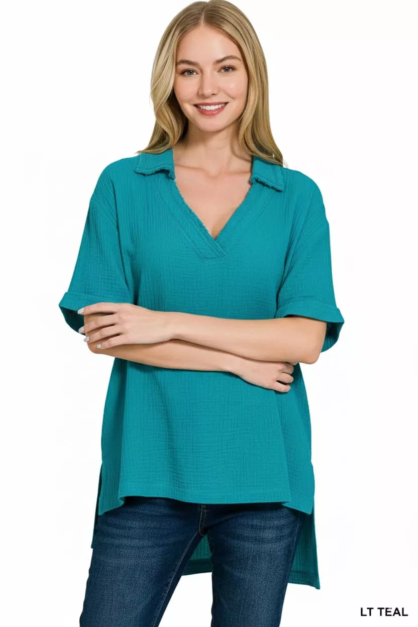Double Gauze Short Sleeve High-Low Top, image 3