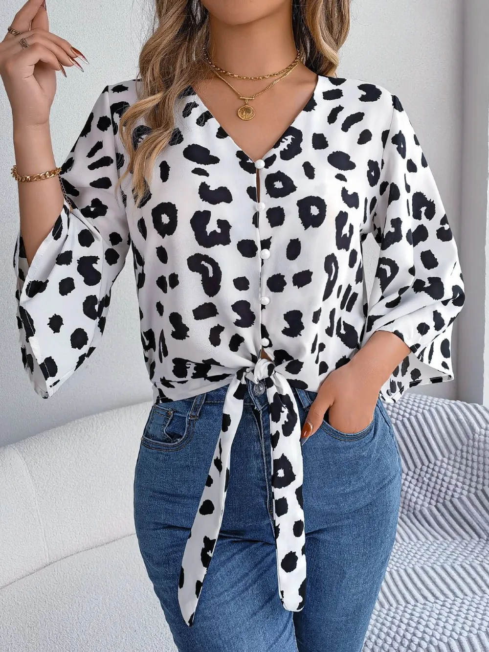 Tied Button Up Leopard V-Neck Blouse, image 3