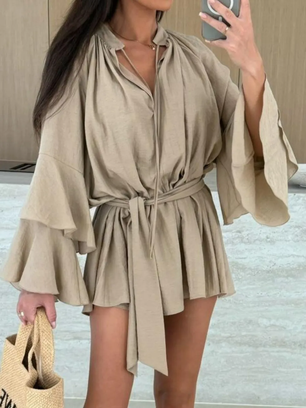 Bell Sleeve Tie Waist Mini Shirt Dress, image 9
