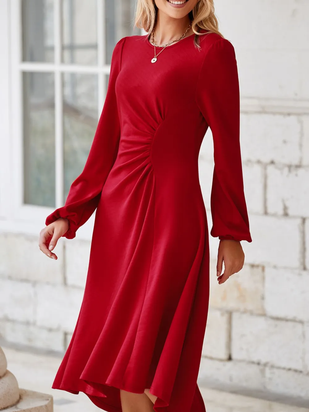 Solid Color Ruched Detail Long Sleeve Midi Dress, image 10