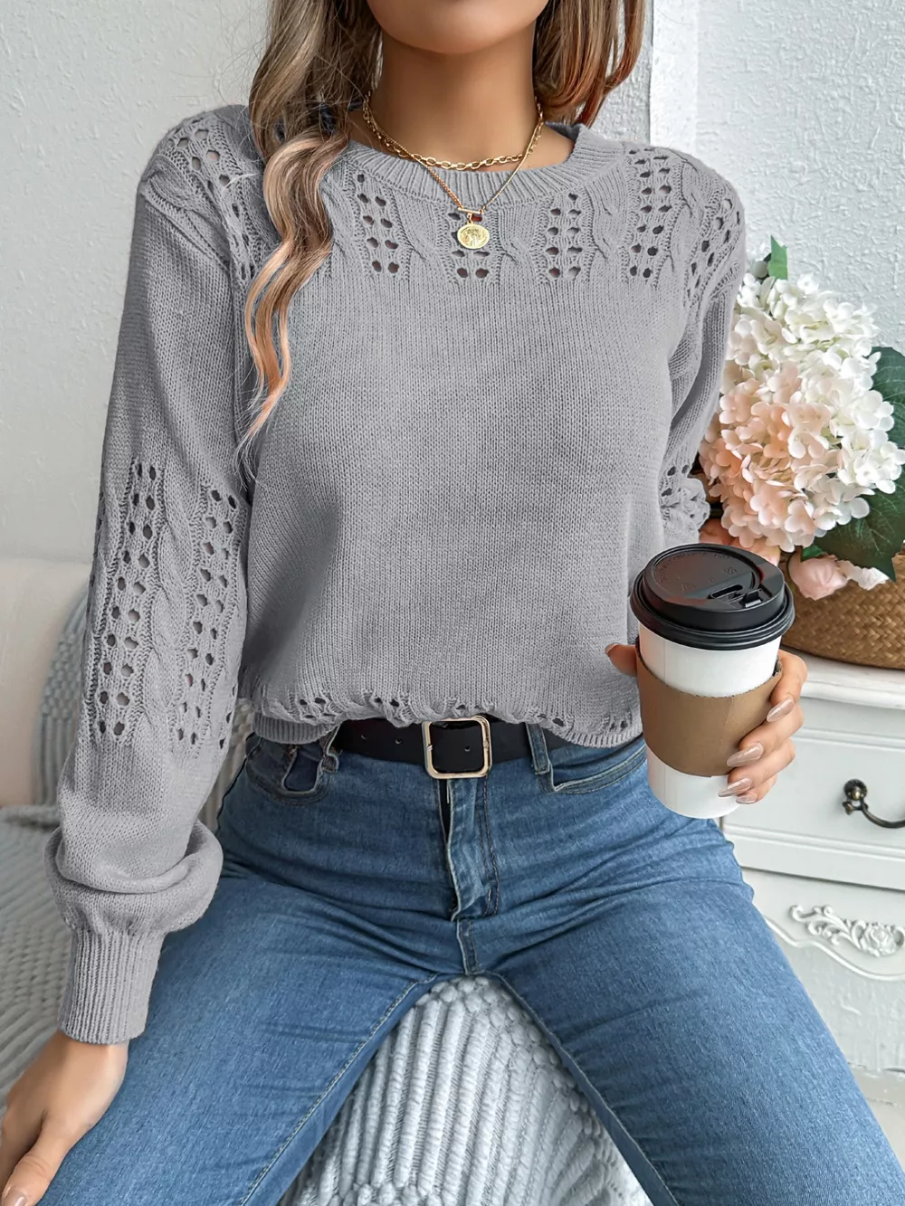 Hollow Out Eyelet Long Sleeve Sweater, image 15