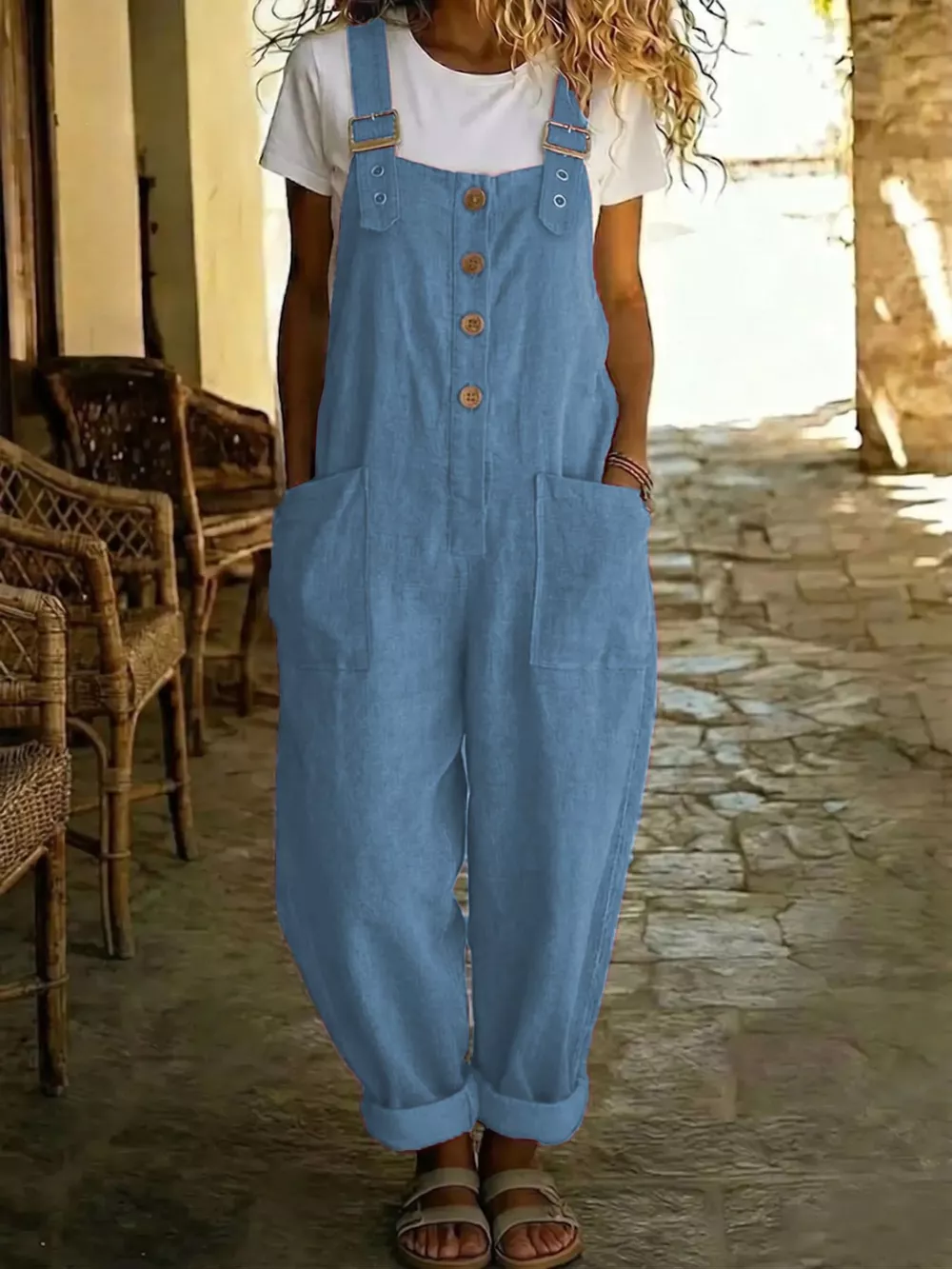 Casual Button Front Wide Leg Overalls, image 12