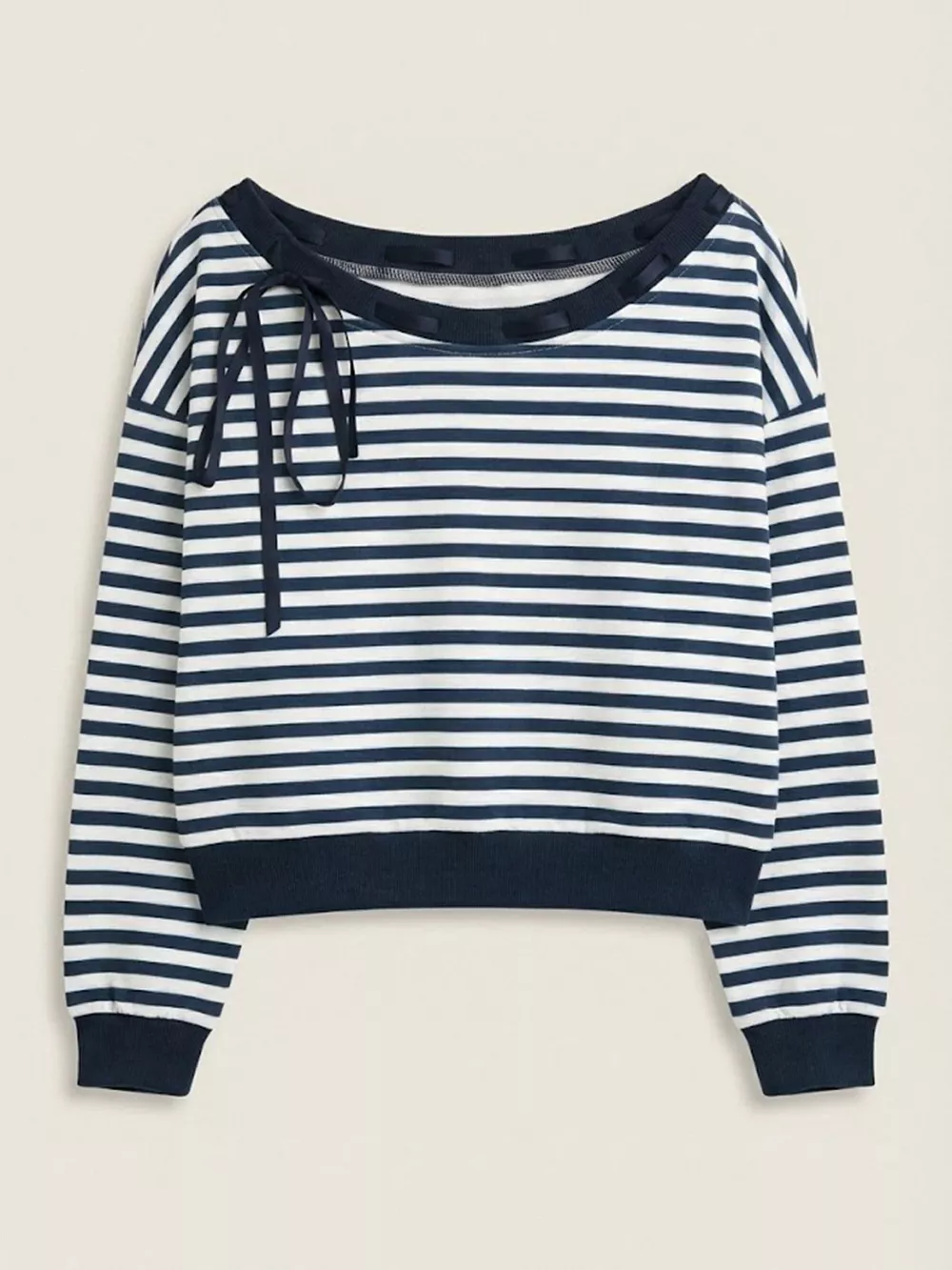 Striped Off-Shoulder Ribbon Accent Sweatshirt, image 4