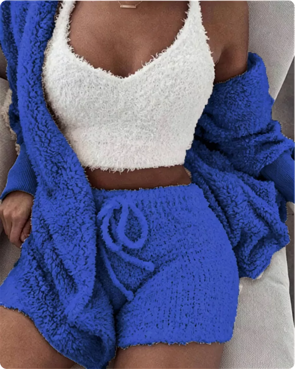 Full Size 3-Piece Fuzzy Plush Cardigan and Shorts Lounge Set with Crop Top Plus Size, image 11