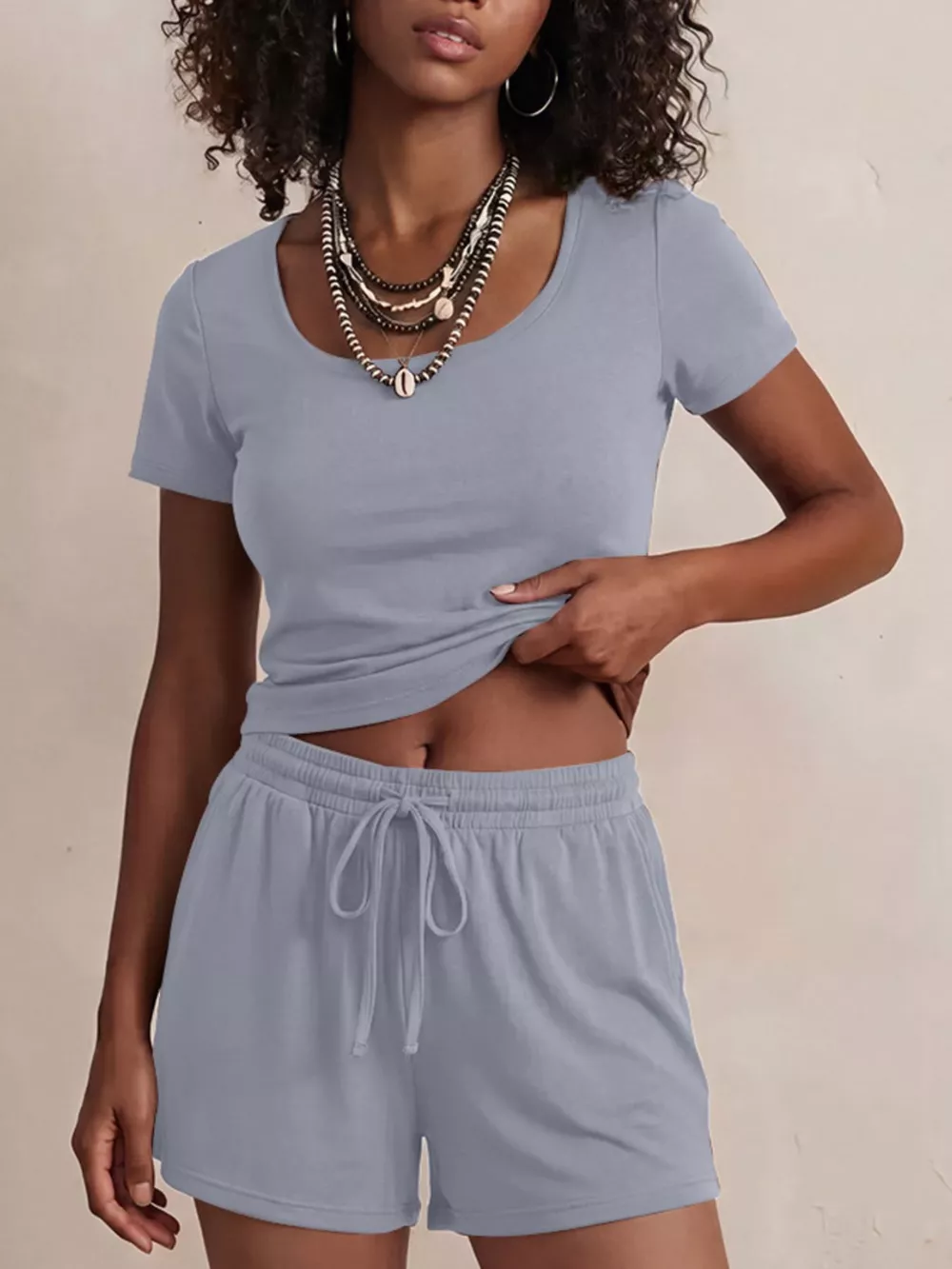 Solid Color Short Sleeve Tee and Shorts Set, image 18