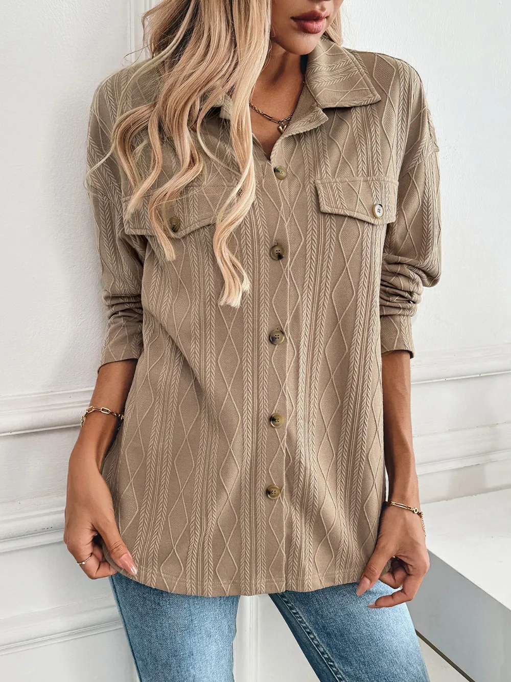 Textured Collared Neck Button Down Shacket, image 5