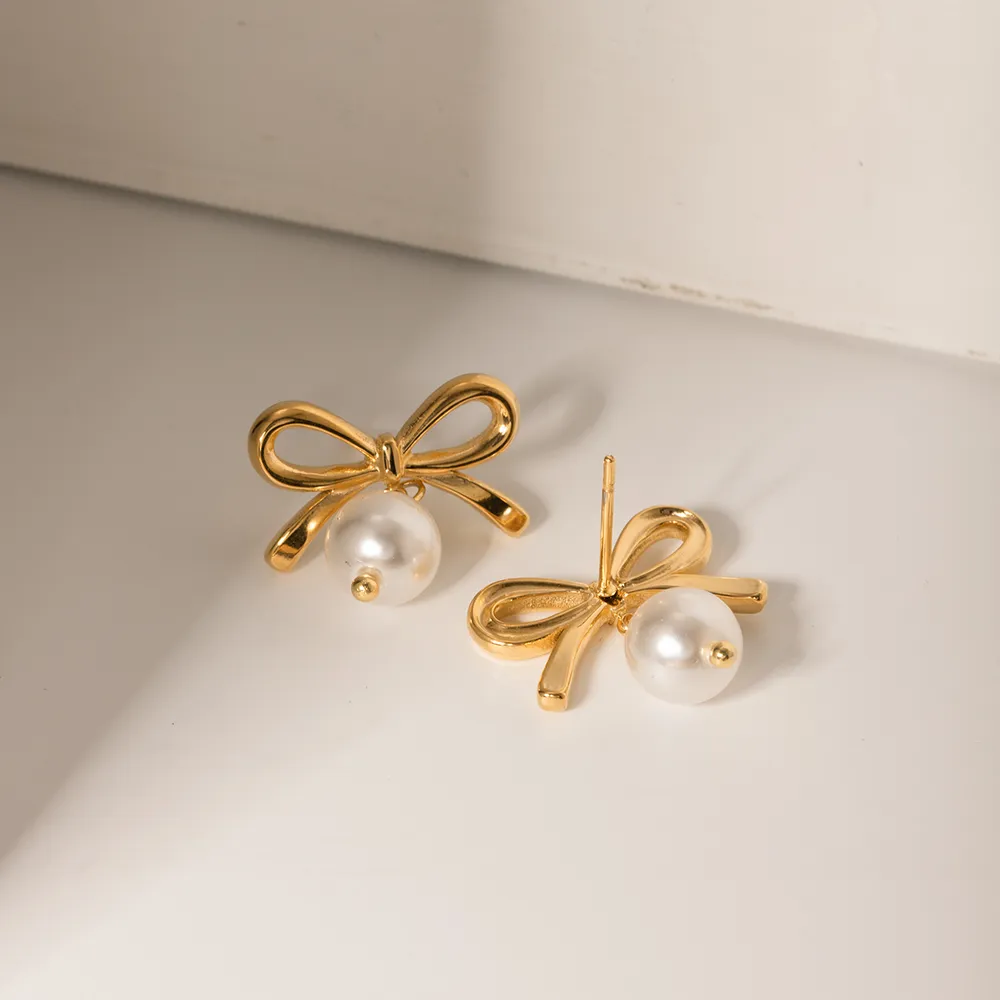 Stainless Steel Bow Pearl Earrings, image 2