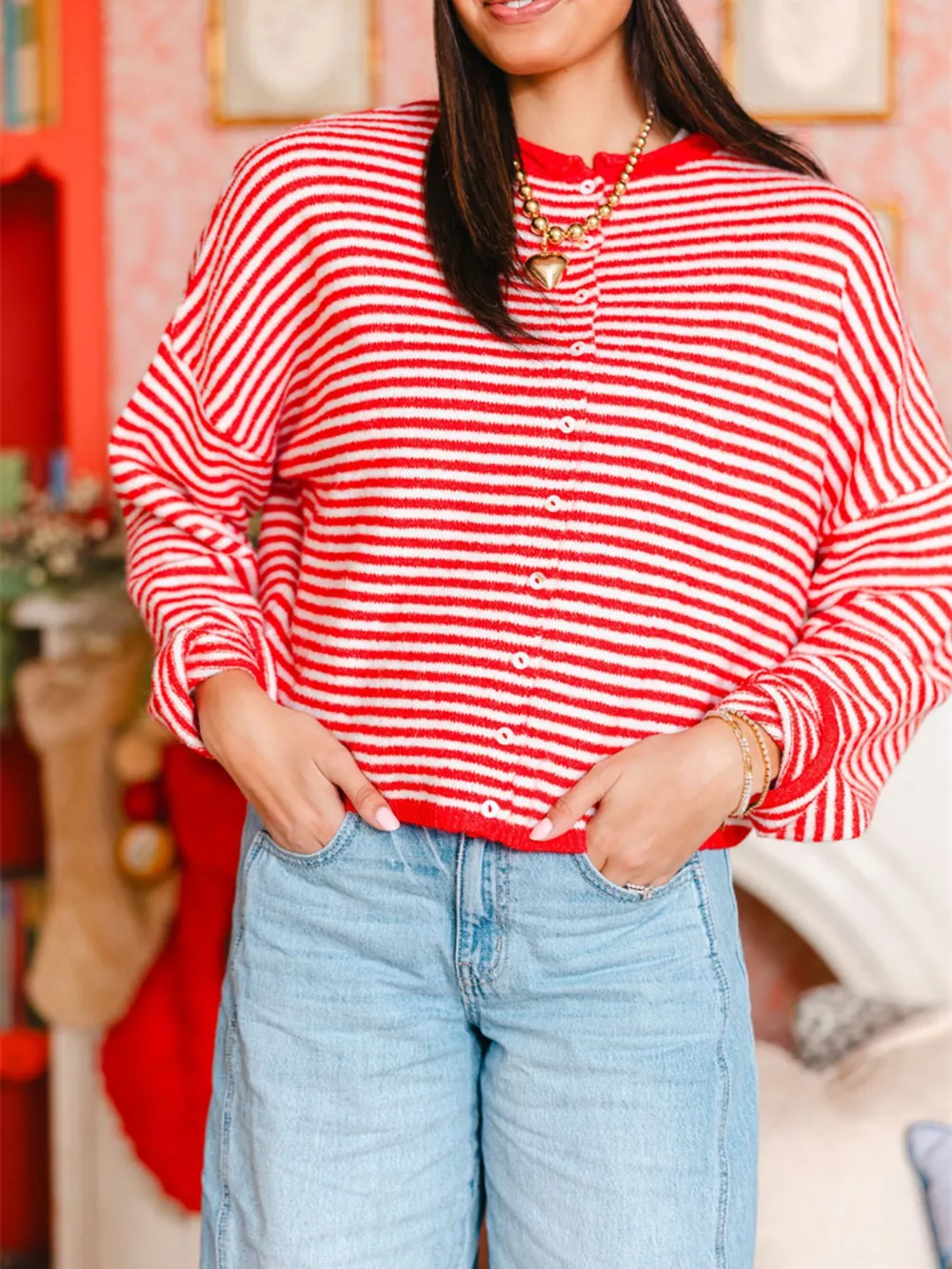 Striped Button-Down Knit Cardigan, image 5