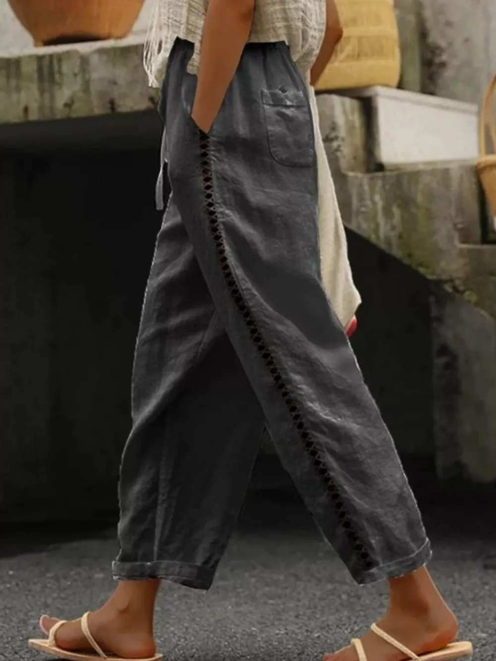 Hollow Out Trim Cropped Pants, image 4