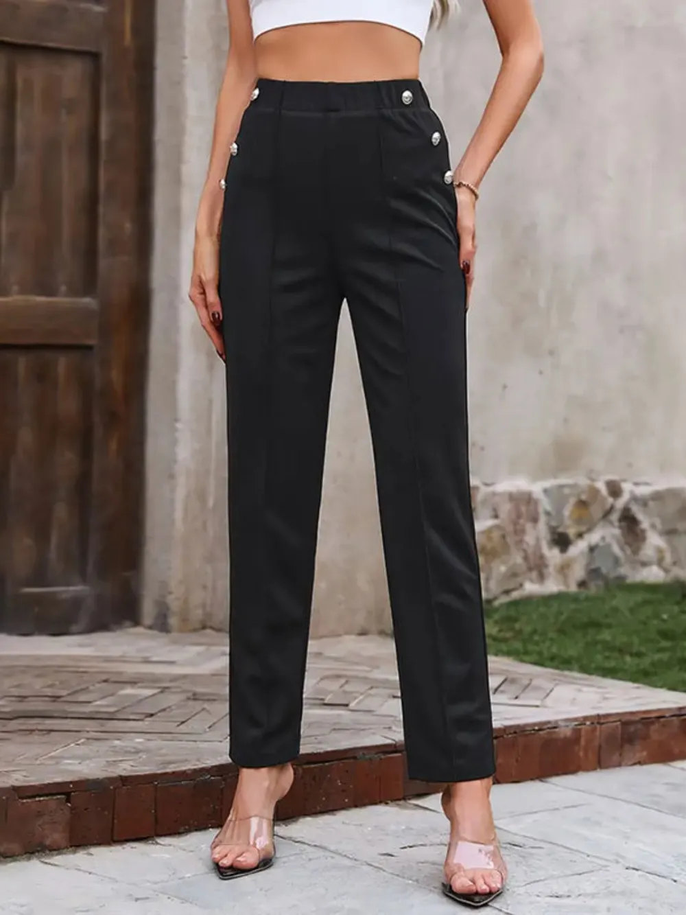 Decorative Button Elastic Waist Pants, image 3