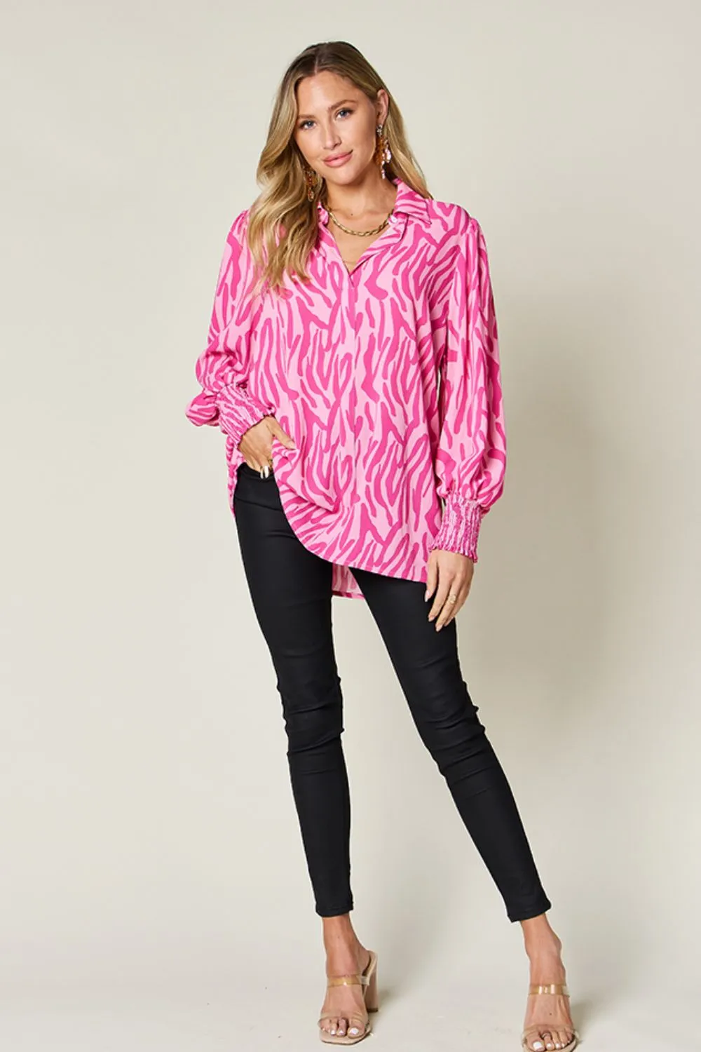 Full Size Printed Smocked Long Sleeve Blouse Plus Size, image 24