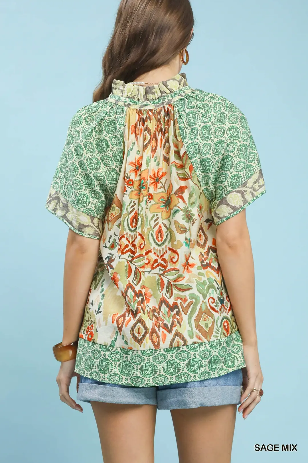 Mixed Print V-Neck Short Sleeve Top, image 2