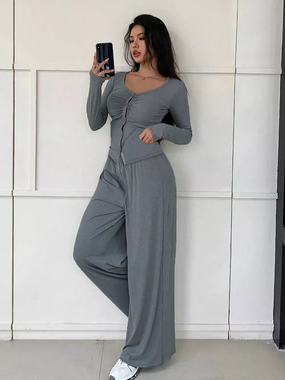 Button-Down Top & Wide Leg Pants Set, image 4