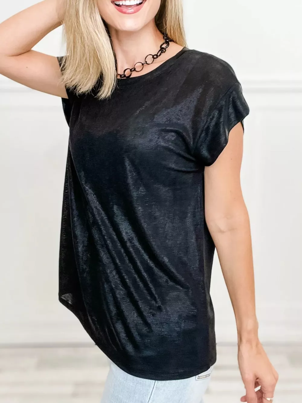 Metallic Round Neck Cap Sleeve Tee, image 8