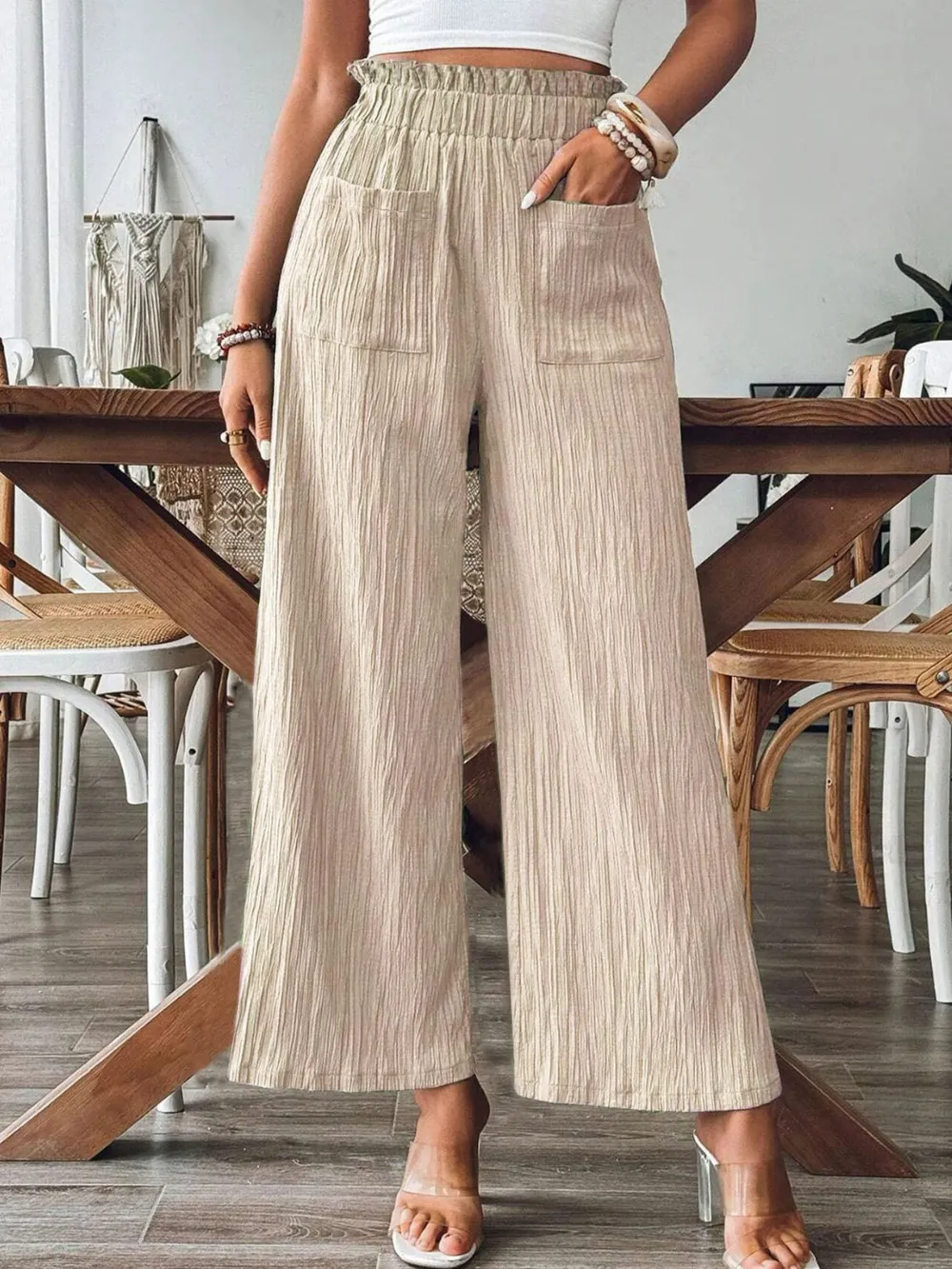 Pocketed Elastic Waist Wide Leg Pants, image 4