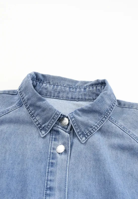 Distressed Collared Neck Flounce Sleeve Denim Dress, image 10