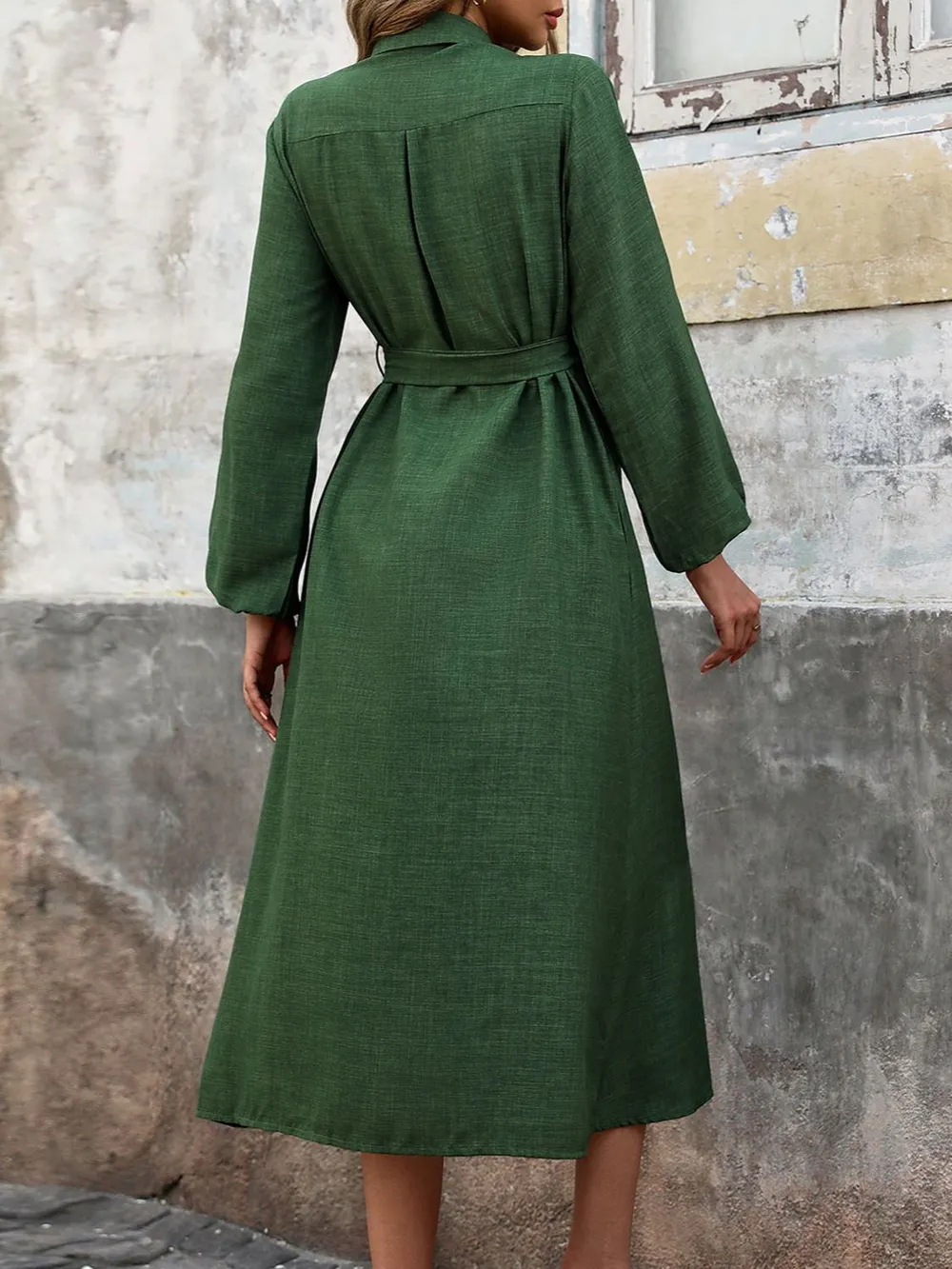 Collared Neck Long Sleeve Midi Shirt Dress, image 2
