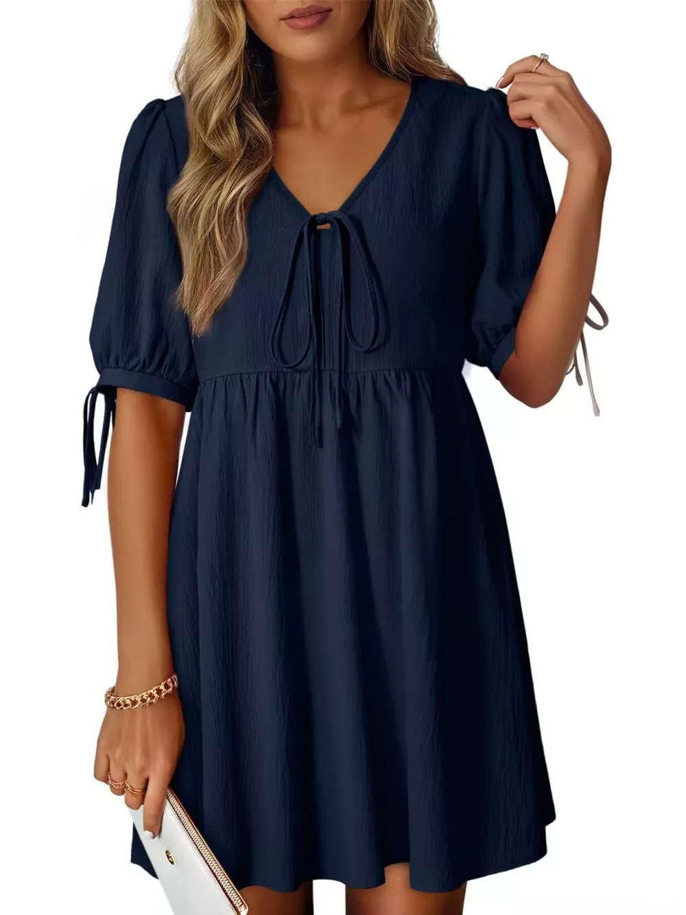 Tie-Neck Puff Sleeve A-Line Mini Dress, image 15