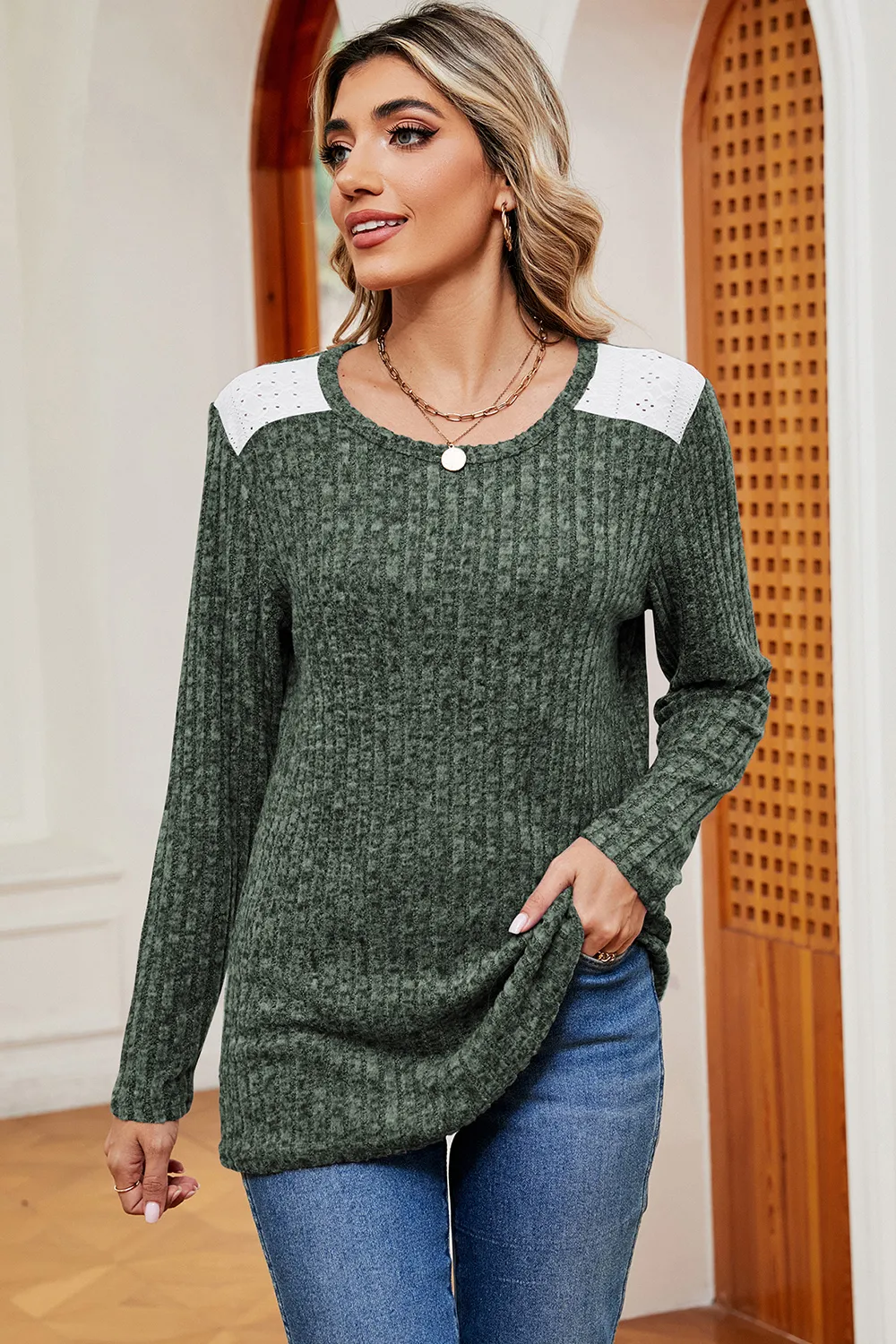 Eyelet Ribbed Round Neck Long Sleeve T-Shirt, image 4