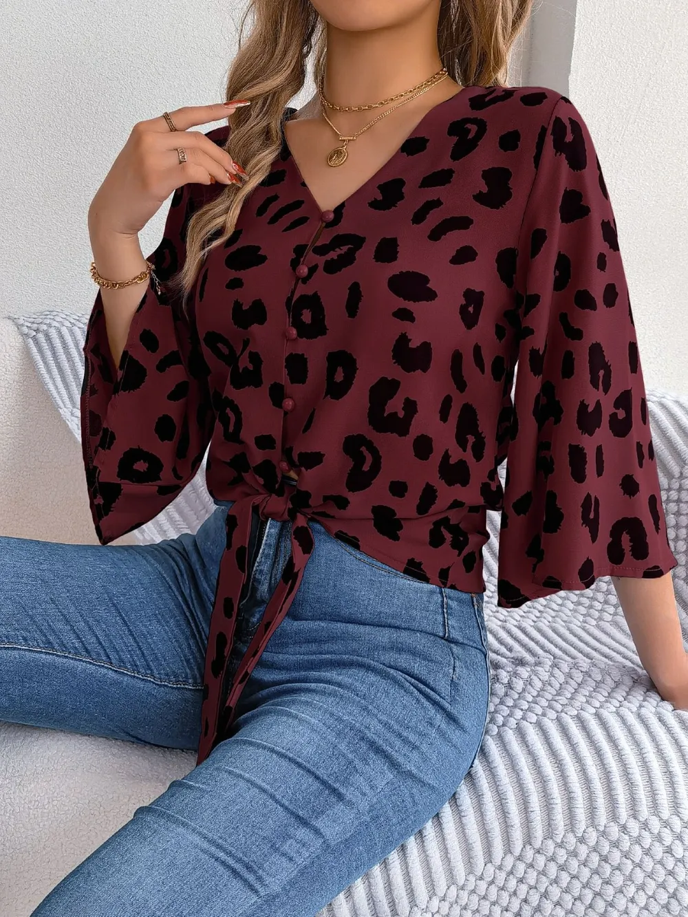 Tied Button Up Leopard V-Neck Blouse, image 18