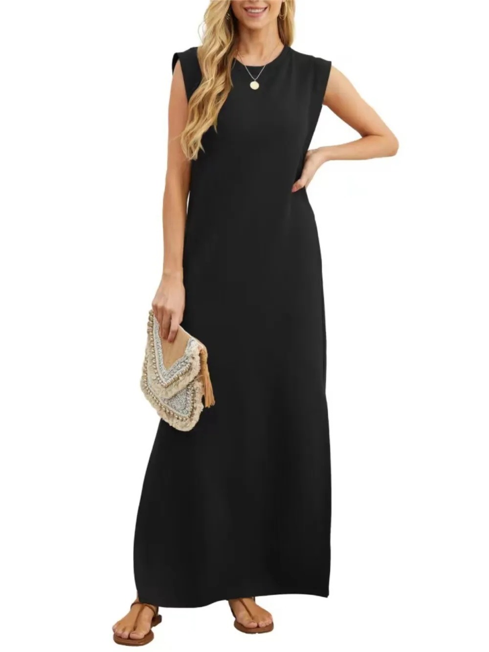 Full Size Slit Round Neck Sleeveless Maxi Tank Dress Plus Size, image 12