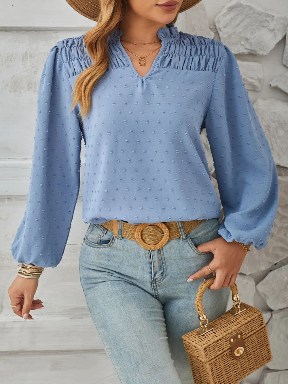 Ruched Swiss Dot Notched Balloon Sleeve T-Shirt, image 8