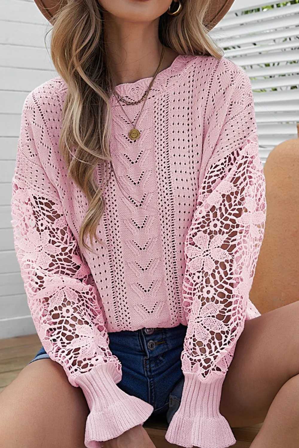 Openwork Round Neck Long Sleeve Sweater, image 12