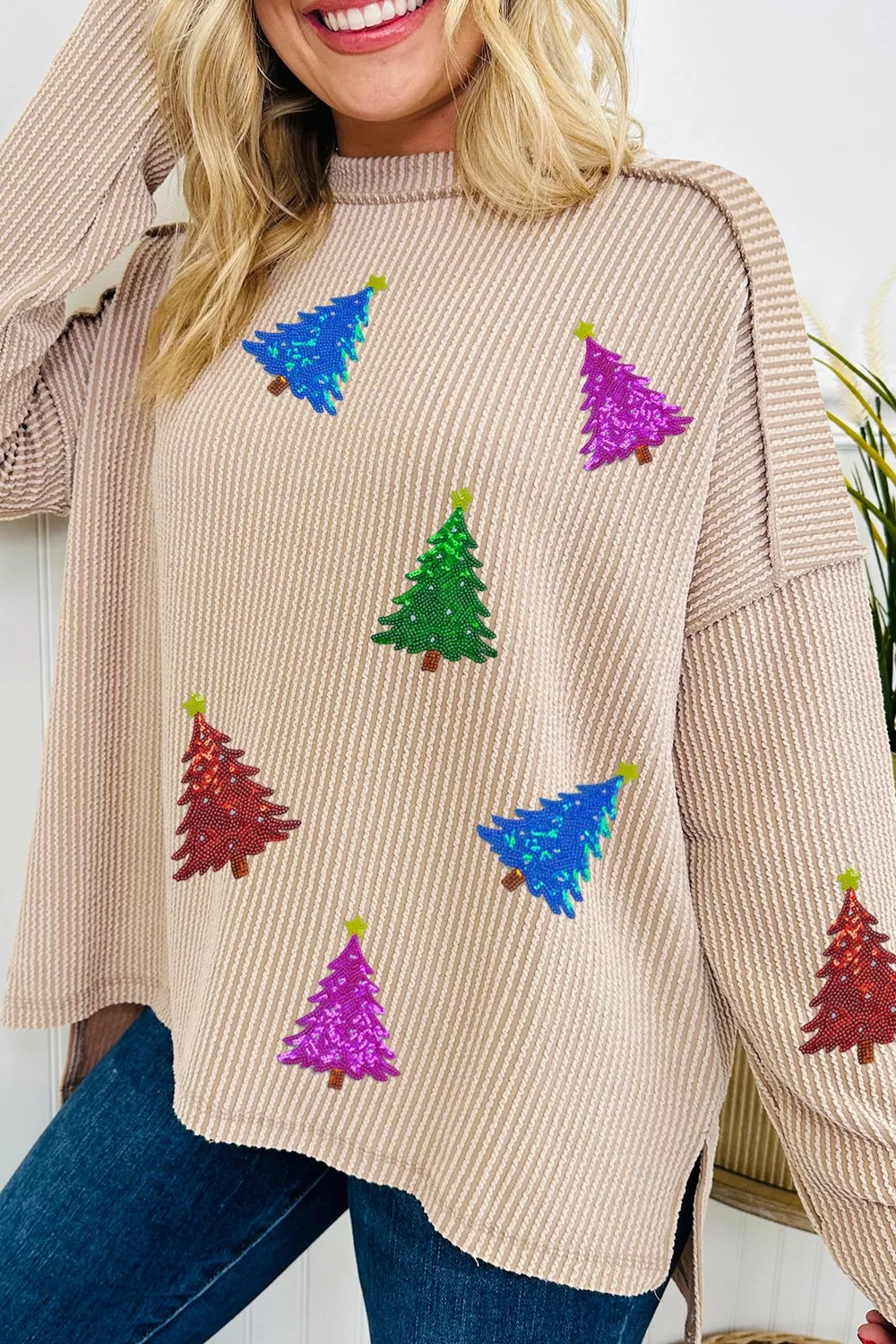 Sequin Christmas Tree Exposed Seam Drop Shoulder Ribbed Long Sleeve Top, image 3