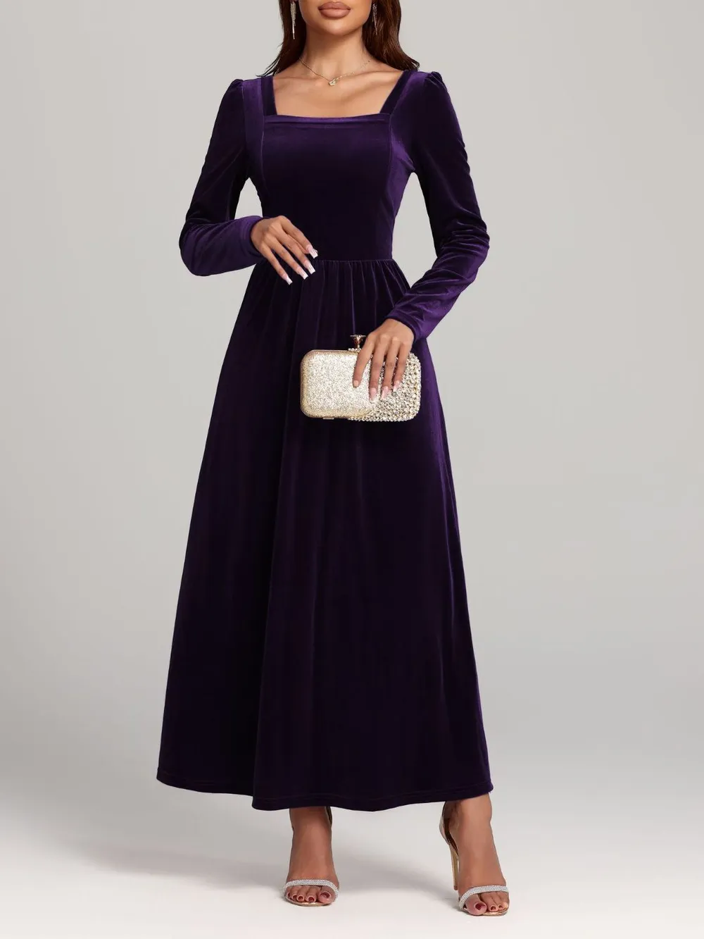 Velvet Square Neck Long Sleeve Dress, image 7