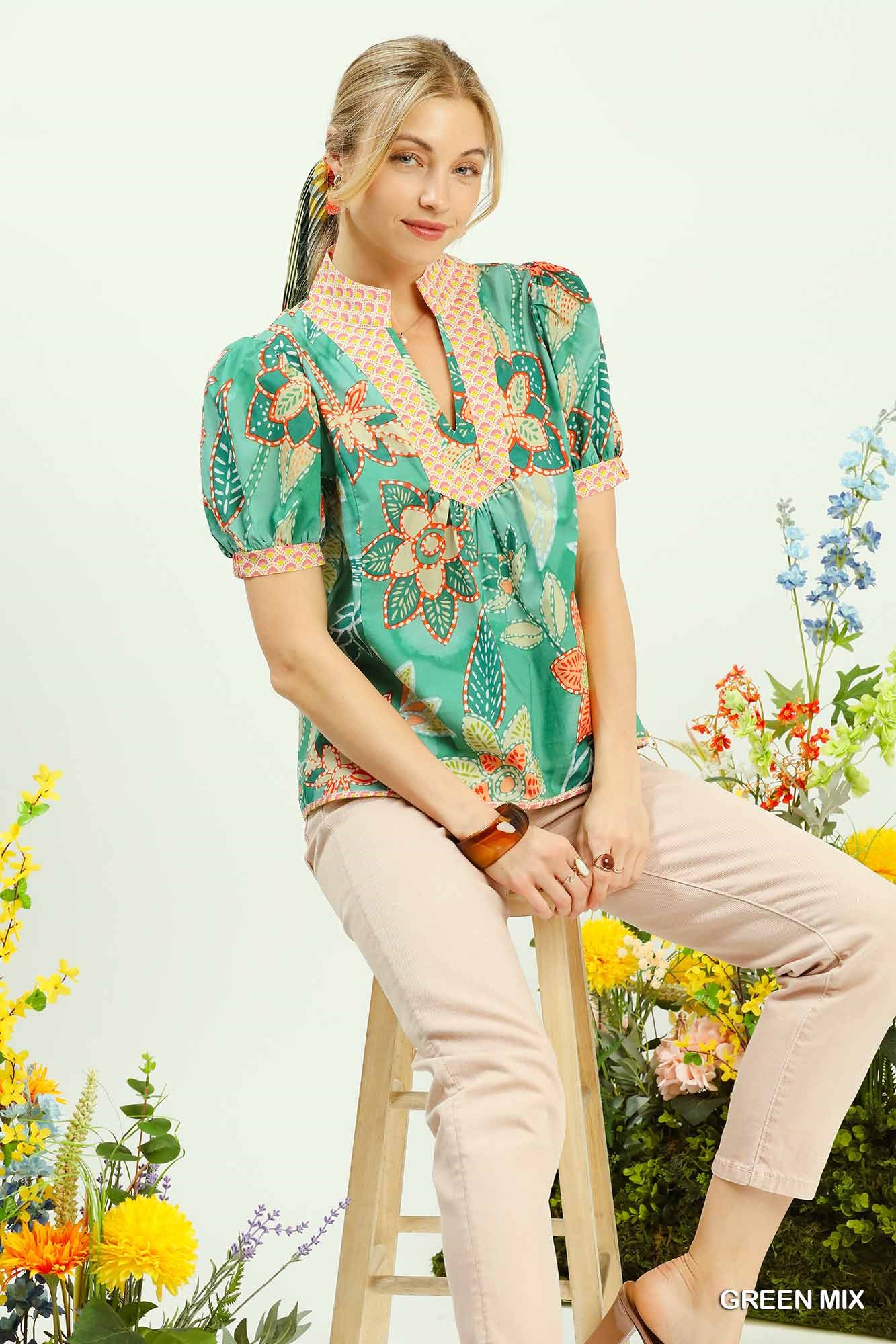 Mixed Abstract Print Puff Sleeve Blouse