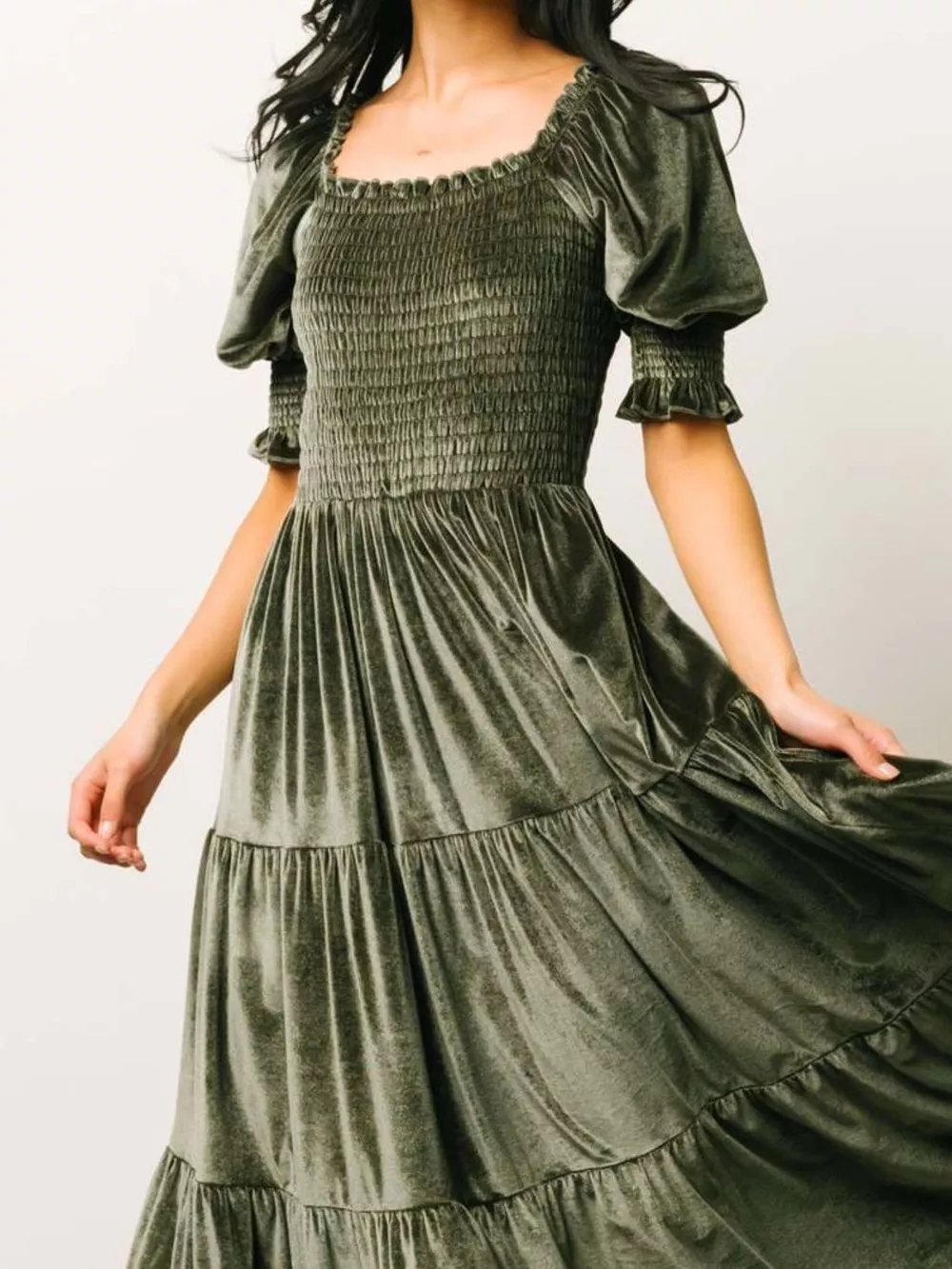 Velvet Smocked Tiered Midi Dress, image 9