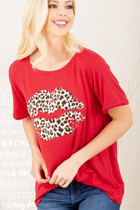 Full Size Leopard Lip Round Neck Short Sleeve T-Shirt Plus Size, image 3